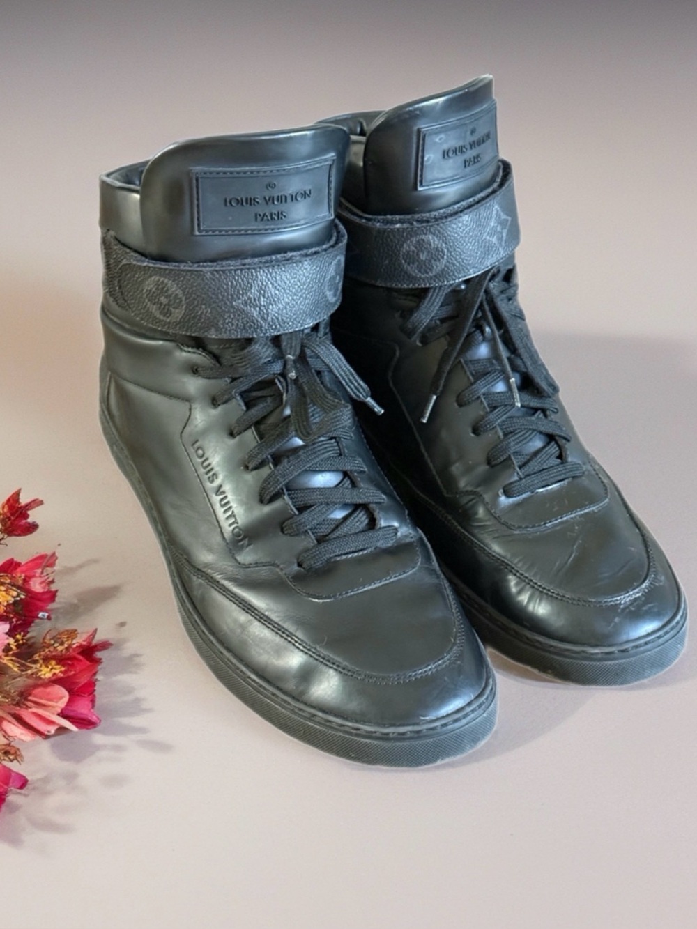 Louis Vuitton Black Leather Men's Low-Top Sneaker with Monogram Strap